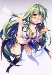 Rule 34 | 1girl, absurdres, adapted costume, bare shoulders, blush, breasts, cleavage, embarrassed, frog hair ornament, green hair, hair ornament, hair tubes, highres, kochiya sanae, large breasts, legs apart, long hair, looking at viewer, masaru.jp, navel, open mouth, panties, snake, solo, standing, thighhighs, touhou, underwear, very long hair, wand, yellow eyes