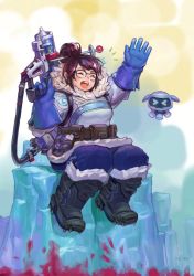 Rule 34 | &gt; &lt;, 1girl, arm up, artist name, bad id, bad twitter id, beads, belt, belt pouch, black-framed eyewear, blood, blue gloves, blue legwear, blush, blush stickers, boots, brown hair, canister, canteen, coat, drone, closed eyes, floating, fur-trimmed boots, fur boots, fur coat, fur trim, glasses, gloves, gun, hair bun, hair ornament, hair stick, hand up, holding, holding weapon, hose, ice, mei (overwatch), open mouth, overwatch, overwatch 1, parka, pinky out, pouch, robot, shoes, short hair, sidelocks, single hair bun, sitting, snow boots, snowball (overwatch), snowflake hair ornament, solo, spiked shoes, spikes, utility belt, weapon, winter clothes, winter coat