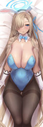 Rule 34 | 1girl, absurdres, animal ears, asuna (blue archive), asuna (bunny) (blue archive), blue archive, blue eyes, blush, breasts, brown pantyhose, detached collar, fake animal ears, hair over one eye, highres, large breasts, leotard, light brown hair, long hair, looking at viewer, mole, mole on breast, pantyhose, playboy bunny, rabbit ears, solo, thighs, thomasz