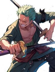 Rule 34 | 1boy, bandana around arm, commentary, cowboy shot, earrings, green hair, green kimono, haramaki, highres, holding, holding sword, holding weapon, japanese clothes, jewelry, kimono, kurage20001, looking to the side, male focus, multiple swords, one eye closed, one piece, roronoa zoro, sash, scar, scar across eye, scar on chest, sideburns, simple background, smile, solo, sword, weapon, white background