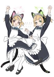 Rule 34 | !, !!, 2girls, :3, animal ear headphones, animal ears, apron, black dress, blonde hair, blue archive, blue ribbon, blunt bangs, bow, cat ear headphones, cat tail, collared dress, commentary, dress, expressionless, fake animal ears, fake tail, floating hair, frilled dress, frills, full body, gomibako (gomibako price), green eyes, headphones, highres, jumping, long sleeves, looking at viewer, maid, maid apron, maid headdress, mary janes, midori (blue archive), midori (maid) (blue archive), momoi (blue archive), momoi (maid) (blue archive), multiple girls, neck ribbon, official alternate costume, pantyhose, pink eyes, raised eyebrows, raised fist, ribbon, shoes, short ponytail, short twintails, siblings, sisters, smile, tail, twintails, v-shaped eyebrows, waist bow, white background, white bow, white pantyhose