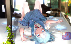 Rule 34 | 1girl, absurdres, arm at side, blue bow, blue dress, blue eyes, blue hair, blurry, blurry background, blush, bottle, bow, buttons, cirno, coffee table, commentary request, couch, day, dress, dress shirt, flower, flower pot, full body, glowing, glowing wings, hair bow, hand fan, hand up, highres, huge filesize, ice, ice wings, interior, ivy, looking at viewer, lying, on back, on floor, pink flower, plant, pleated dress, potted plant, red flower, red ribbon, ribbon, shirt, short hair, smile, solo, sunflower, table, teeth, touhou, uniuni nurunuru, upside-down, white shirt, wide sleeves, wings, yellow flower