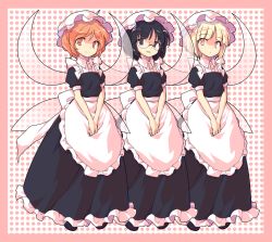 Rule 34 | 3girls, apron, black eyes, black hair, blonde hair, blunt bangs, border, dairi, fairy maid (touhou), fairy wings, frilled apron, frilled skirt, frills, frown, full body, glasses, hat, head tilt, looking at viewer, maid, mob cap, multiple girls, open mouth, own hands together, parted bangs, pink background, pink border, polka dot, polka dot background, puffy short sleeves, puffy sleeves, red eyes, red hair, rimless eyewear, short sleeves, silent sinner in blue, skirt, smile, standing, touhou, touhou bougetsushou, transparent wings, v arms, waist apron, wings, yellow eyes
