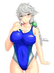Rule 34 | 1girl, asymmetrical hair, blue one-piece swimsuit, braid, braided ponytail, brown eyes, competition swimsuit, cowboy shot, dated, gluteal fold, highres, impossible clothes, impossible swimsuit, kantai collection, long hair, montemasa, one-piece swimsuit, silver hair, simple background, single braid, solo, swimsuit, thigh gap, twitter username, unryuu (kancolle), very long hair, wet, wet clothes, wet swimsuit, white background