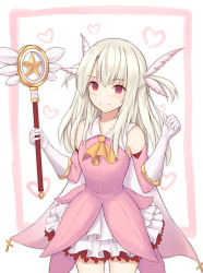 Rule 34 | 1girl, absurdres, ascot, bare shoulders, blonde hair, blush, cape, closed mouth, cowboy shot, cross, elbow gloves, fate/kaleid liner prisma illya, fate (series), feather hair ornament, feathers, gloves, hair ornament, heart, heart background, highres, holding, holding wand, htt (peaceskl), illyasviel von einzbern, layered skirt, looking at viewer, magical girl, skirt, smile, solo, standing, star (symbol), tareme, two side up, w arms, wand, white gloves, white skirt, yellow ascot
