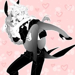 Rule 34 | 1boy, 1girl, animal ears, arms around neck, black footwear, black jacket, black leotard, black pants, black suit, bow, bowtie, braid, braided ponytail, breasts, carrying, coattails, collared shirt, couple, feet out of frame, final fantasy, final fantasy vii, final fantasy vii remake, fishnet pantyhose, fishnets, formal, full body, hair between eyes, hair ribbon, heart, hetero, high heels, ikuhashi muiko, jacket, knees together feet apart, leotard, long hair, looking at viewer, medium breasts, monochrome, open mouth, pants, pantyhose, parted bangs, pink background, playboy bunny, princess carry, rabbit, rabbit boy, rabbit ears, rabbit girl, rabbit tail, ribbon, shirt, short hair, sideboob, sidelocks, smile, spiked hair, spot color, square enix, strapless, strapless leotard, suit, tail, white shirt, wrist cuffs