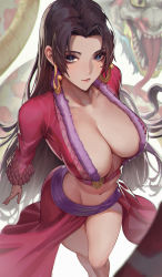 Rule 34 | 1girl, artist name, black hair, blue eyes, boa hancock, breasts, cleavage, closed mouth, crop top, earrings, from above, highres, jewelry, large breasts, lips, long hair, looking at viewer, navel, one piece, parted bangs, red skirt, salome (one piece), sayanestia, skirt, snake earrings, solo focus, thighs, very long hair