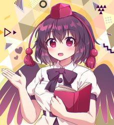 Rule 34 | 1girl, :d, abstract background, belt, bird wings, black belt, black bow, black bowtie, black hair, black wings, blush, bow, bowtie, breast pocket, breasts, buttons, collared shirt, commentary request, eyelashes, feathered wings, hat, heart, highres, holding, holding notebook, kaoling, large breasts, looking at viewer, notebook, open mouth, pen, pocket, red eyes, red hat, shameimaru aya, shirt, short hair, short sleeves, smile, solo, tokin hat, touhou, upper body, white shirt, wing collar, wings