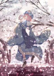 Rule 34 | 1girl, blue headwear, blue kimono, branch, bridge, cattleya (a yel ttac), commentary, english commentary, frilled kimono, frills, full body, hand fan, highres, holding, holding fan, japanese clothes, kimono, long sleeves, looking at viewer, outdoors, pink eyes, pink hair, saigyouji yuyuko, short hair, solo, touhou, wide sleeves