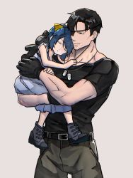 Rule 34 | 1boy, 1girl, aged down, black hair, black shirt, blue hair, child, dog tags, dress, eyepatch, father and daughter, gloves, grey background, heidern, highres, leona heidern, muscular, muscular male, pants, ribbon, shirt, short hair, simple background, sleeping, syachiiro, the king of fighters, white dress