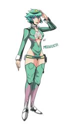Rule 34 | 1girl, autobot, boots, breasts, green hair, hat, highres, humanization, moonracer, personification, short hair, thigh boots, thighhighs, transformers, underboob