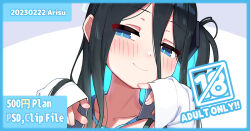 Rule 34 | 1girl, alternate costume, aris (blue archive), black hair, blue archive, blue eyes, blue hair, blue necktie, closed eyes, english text, leonat, looking at viewer, multicolored hair, necktie, nipples, shirt, side ponytail, smile, solo, two-tone hair, white background, white shirt