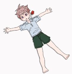 Rule 34 | 1boy, barefoot, blue shirt, bright pupils, collared shirt, commentary request, full body, grey background, highres, lying, made in abyss, male focus, natt (made in abyss), on back, outstretched arms, pink hair, purple eyes, shirt, short shorts, short sleeves, shorts, simple background, solo, spread arms, spread legs, usuki (usukine1go), whistle, wide-eyed, wing collar