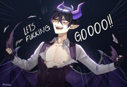 Rule 34 | 1boy, bare pectorals, black hair, chromatic aberration, commentary, demon boy, demon horns, demon wings, emphasis lines, english text, fangs, fingerless gloves, gloves, highres, horns, male focus, open mouth, original, pectorals, pointy ears, purple eyes, purple horns, purple vest, sakichka, smile, solo, tearing clothes, torn clothes, twitter username, vest, wings