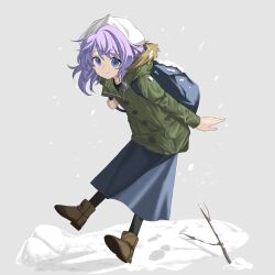 Rule 34 | 1girl, backpack, bag, blue eyes, blue skirt, boots, brown footwear, buttons, closed mouth, full body, green jacket, hair between eyes, hat, highres, jacket, keiki8296, letty whiterock, light purple hair, long sleeves, short hair, skirt, smile, snow, solo, touhou, white hat