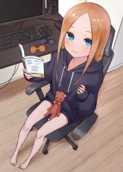 Rule 34 | 1girl, abigail williams (fate), absurdres, blonde hair, blue eyes, book, bow, bowtie, chair, commentary request, contemporary, fate/grand order, fate (series), highres, hood, hoodie, keyboard (computer), kopaka (karda nui), long hair, looking at viewer, monitor, mouse (computer), parted bangs, sitting, sleeves past wrists, smile, solo, speaker, stuffed animal, stuffed toy, teddy bear, wooden floor