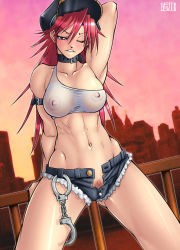 Rule 34 | 1girl, abs, armband, armpits, bikini, blue shorts, blush, breasts, capcom, choker, cleavage, covered erect nipples, cuffs, denim, denim shorts, female pubic hair, final fight, handcuffs, hat, highres, large breasts, leaning, long hair, midriff, muscular, nipples, poison (final fight), pubic hair, qkat (arikawa-dou), railing, red hair, see-through, short shorts, shorts, solo, standing, swimsuit, toned