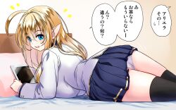 Rule 34 | 1girl, ahoge, ass, black thighhighs, blonde hair, blue eyes, blue skirt, blush, breasts, commentary request, feet out of frame, hair between eyes, lace, lace panties, large breasts, long hair, long sleeves, lying, miniskirt, on bed, on stomach, open mouth, original, panties, pointy ears, shirt, skirt, tablet pc, thighhighs, translation request, underwear, white panties, white shirt, yamaguchi yuu