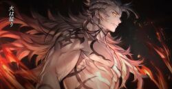 Rule 34 | 1boy, abs, bara, black background, braid, fang, fire, granblue fantasy, long hair, male focus, official art, pectorals, tattoo, topless male, translation request, wilnas (granblue fantasy), yellow eyes