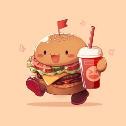 Rule 34 | 287609430, blush stickers, burger, cheese, drink, food, food focus, holding, holding drink, lettuce, mascot, milkshake, original, red flag, red footwear, solo
