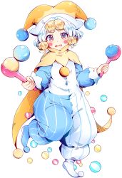 Rule 34 | 1girl, absurdres, asymmetrical footwear, baggy clothes, blonde hair, blue footwear, blush, blush stickers, commentary, cookie run, english commentary, full body, hat, highres, holding, ice juggler cookie, jester, jester cap, juggling, kaoling, long sleeves, looking at viewer, mismatched footwear, multicolored hair, open mouth, puffy long sleeves, puffy sleeves, red eyes, shoes, silver hair, simple background, solo, standing, standing on one leg, two-tone hair, white background, white footwear