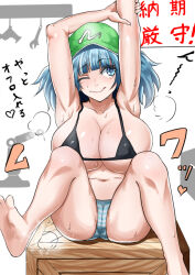 Rule 34 | 1girl, :q, arm above head, armpits, arms up, bare arms, bare legs, bikini, blue eyes, blue hair, blunt bangs, blush, breasts, cabbie hat, cameltoe, cleavage, cleft of venus, commentary request, foot out of frame, hat, huge breasts, kawashiro nitori, long hair, looking to the side, micro bikini, one eye closed, simple background, sitting, soles, solo, swimsuit, toes, tongue, tongue out, touhou, translation request, two side up, white background, yahow
