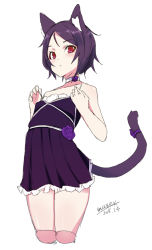 Rule 34 | 1girl, animal ears, bare arms, bare shoulders, blush, cat ears, cat girl, cat tail, choker, collarbone, cowboy shot, cropped legs, dated, dress, looking at viewer, maze (gochama ze gohan), original, parted bangs, parted lips, pleated dress, purple dress, purple hair, purple ribbon, red eyes, ribbon, short hair, signature, simple background, sleeveless, sleeveless dress, solo, tail, white background, white choker