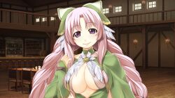 Rule 34 | 1girl, atelier-moo, braid, breasts, cleavage, closed mouth, curtained hair, dress, highres, large breasts, long hair, long sleeves, looking at viewer, narrow waist, nina lazydaisy, pink eyes, pink hair, ribbon, smile, solo, standing, tavern, twin braids, upper body, very long hair, wizards symphony