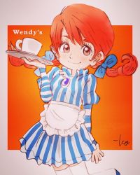 Rule 34 | 1girl, apron, blue bow, bow, brown eyes, coffee mug, copyright name, cup, dress, freckles, hair bow, juliet sleeves, long hair, long sleeves, low twintails, mug, puffy sleeves, red hair, signature, smile, solo, standing, standing on one leg, striped clothes, striped dress, takeuchi kou, thighhighs, tray, twintails, vertical stripes, waist apron, wendy&#039;s, wendy (wendy&#039;s), white thighhighs
