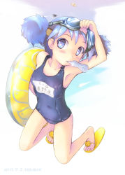 Rule 34 | 1girl, bad id, bad pixiv id, blue eyes, blue hair, blush, goggles, goggles on head, hair ornament, highres, holding, innertube, kazuboh, looking at viewer, matching hair/eyes, mouth hold, naganohara mio, name tag, nichijou, one-piece swimsuit, sandals, school swimsuit, solo, swim ring, swimsuit, twintails