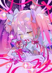 Rule 34 | arm ribbon, bow, choker, clone, dress, frilled dress, frills, gloves, hair between eyes, hair bow, half-closed eyes, highres, kaname madoka, kaname madoka (magical girl), magical girl, mahou shoujo madoka magica, mini person, minigirl, orange eyes, pink dress, pink hair, pointing, pointing at self, red ribbon, ribbon, signature, size difference, sky, sparkle, star (sky), starry sky, two side up, white choker, white gloves, yooki (winter cakes)