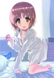 Rule 34 | 1girl, arm support, backlighting, bed, bedroom, blurry, blurry background, blush, brown eyes, brown hair, commentary, depth of field, dress shirt, girls und panzer, indoors, kneeling, leaning forward, long sleeves, looking at viewer, naked shirt, nishizumi miho, on bed, open mouth, shirt, short hair, smile, solo, white shirt, window, yurikuta tsukumi