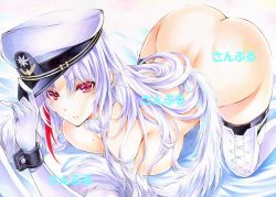 Rule 34 | 1girl, all fours, ass, azur lane, boots, breasts, cross-laced footwear, elbow gloves, from above, gloves, hat, large breasts, long hair, looking at viewer, nude, peaked cap, purple eyes, red hair, solo, tallinn (azur lane), thigh boots, thighhighs, traditional media, white gloves, white hair, white hat, yqgkg
