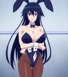 Rule 34 | 1girl, animal ears, bare shoulders, black hair, blue eyes, bow, bowtie, breasts, cleavage, clothing cutout, crossed arms, detached collar, fake animal ears, fishnet pantyhose, fishnets, hida reiri, highres, large breasts, leotard, long hair, masou gakuen hxh, navel, navel cutout, pantyhose, playboy bunny, rabbit ears, screencap, smile, solo, standing, stitched, thigh gap, third-party edit, wrist cuffs