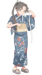 Rule 34 | 1girl, ayanami (kancolle), brown hair, floral print, full body, green eyes, highres, japanese clothes, kantai collection, kimono, long hair, looking at viewer, mouth hold, ribbon in mouth, sandals, side ponytail, simple background, solo, standing, very long hair, wachi (hati1186), white background, yukata