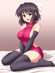 Rule 34 | 1girl, :d, aqua eyes, arms between legs, bare shoulders, black gloves, black hair, black thighhighs, bow, breasts, breasts squeezed together, dress, elbow gloves, full body, furrowed brow, gloves, hair bow, half updo, kohinata miku, large breasts, legs, looking at viewer, medium hair, meme attire, no bra, no shoes, on bed, open mouth, red sweater, ribbed sweater, senki zesshou symphogear, sideboob, sideless outfit, sidelocks, sitting, smile, solo, sweater, sweater dress, thighhighs, virgin killer sweater, wariza, white bow, zetsumu