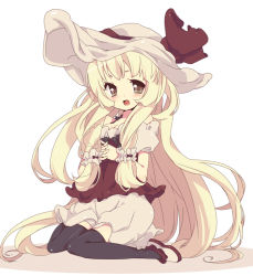 Rule 34 | 1girl, blonde hair, blush, bow, hat, hat bow, long hair, mushroom, nakamura sandayo, original, own hands clasped, own hands together, personification, simple background, sitting, skirt, solo, thighhighs, wariza, white background, yellow eyes