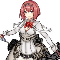 Rule 34 | 10s, 1girl, ark royal (kancolle), arrow (projectile), belt, blue eyes, blunt bangs, bob cut, cleavage cutout, clothing cutout, fingerless gloves, gloves, hairband, highres, holding, holding arrow, kantai collection, long sleeves, machinery, quiver, red hair, red ribbon, ribbon, rigging, short hair, simple background, solo, tiara, upper body, white background, yuubokumin