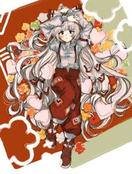 Rule 34 | 1girl, absurdly long hair, arm strap, arms up, boots, bow, collared shirt, from above, fujiwara no mokou, full body, grey hair, hair bow, heart, highres, long hair, long sleeves, looking at viewer, lying, ofuda, ofuda on clothes, on back, pants, parted lips, red bow, red eyes, red footwear, red pants, shirt, solo, subaru (user tmwv7722), suspenders, touhou, two-tone bow, very long hair, white bow, white shirt