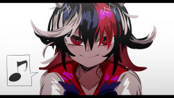 Rule 34 | 1girl, absurdres, black hair, closed mouth, collarbone, commentary, gradient background, grey horns, highres, horns, ichirugi, kijin seija, letterboxed, looking at viewer, messy hair, multicolored hair, musical note, red eyes, red hair, short hair, solo, spoken musical note, streaked hair, touhou, upper body, white hair