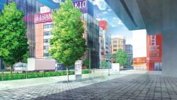 Rule 34 | blue sky, building, city, cloud, day, film grain, game cg, izumi tsubasu, lamppost, motor vehicle, no humans, non-web source, official art, outdoors, railing, re:stage!, scenery, shade, sign, sky, tree, truck