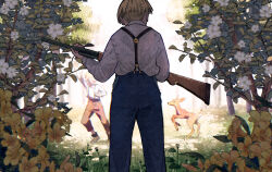 Rule 34 | 1boy, animal, arm up, blue pants, blurry, bowl cut, brown pants, collared shirt, covered eyes, day, deer, depth of field, facing away, fawn, flag (the yearling), flower, from behind, gun, happy, hinata (echoloveloli), holding, holding gun, holding weapon, jody baxter, long sleeves, male focus, multiple views, nature, open mouth, outdoors, pants, playing, rifle, shirt, shirt tucked in, shoes, standing, sunlight, suspenders, the yearling, weapon, white flower, white shirt, yellow flower