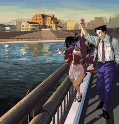 1boy 1girl absurdres ace_attorney arms_up backpack bag black_footwear black_hair blue_jacket blue_pants bridge building cloud collared_shirt day formal_clothes full_body hair_ornament hand_in_pocket highres holding jacket japanese_clothes kimono long_hair long_sleeves looking_at_another magatama maya_fey multiple_boys necktie obi omen_hohoho open_mouth outdoors pants phoenix_wright pocket purple_jacket purple_kimono purple_pants railing red_necktie river sandals sash shadow shirt shoes short_hair short_kimono signature sky smile standing standing_on_one_leg suit water white_shirt