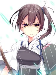 Rule 34 | 10s, 1girl, 3:, 3:&lt;, bad id, bad pixiv id, bow, brown eyes, brown hair, closed mouth, hair between eyes, kaga (kancolle), kantai collection, long hair, looking at viewer, muneate, rigging, side ponytail, solo, upper body, usume shirou, v-shaped eyebrows, white background