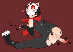 Rule 34 | 1boy, ass, bad id, bad pixiv id, black gloves, black hair, bodysuit, covered eyes, doppel (bonnypir), elbow gloves, erection, fingerless gloves, fox mask, gloves, heart, male focus, mask, ninja, original, paw print, paw shoes, penis, red background, red scarf, scarf, simple background, skin tight, sleeveless, sleeveless bodysuit, smile, solo, split, testicles, torn clothes, trap, tucked penis