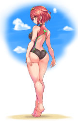 Rule 34 | 1girl, ahoge, ass, bare shoulders, barefoot, black one-piece swimsuit, blush, breasts, cloud, cloudy sky, competition swimsuit, cougar (cougar1404), from behind, full body, highres, looking at viewer, looking back, one-piece swimsuit, profile, pyra (pro swimmer) (xenoblade), pyra (xenoblade), red eyes, red hair, red one-piece swimsuit, shiny clothes, shiny skin, short hair, sideboob, sky, soles, solo, standing, swimsuit, tiptoes, wedgie, xenoblade chronicles (series), xenoblade chronicles 2