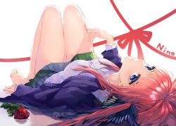 Rule 34 | 1girl, bare legs, barefoot, black ribbon, blue eyes, blunt bangs, blush, breasts, character name, closed mouth, collarbone, collared shirt, flower, go-toubun no hanayome, hair ornament, hair ribbon, highres, large breasts, long hair, long sleeves, looking at viewer, lying, nakano nino, on back, pink hair, red flower, red hair, red rose, ribbon, rose, shirt, simple background, skirt, smile, solo, to gemichi, white background, white shirt