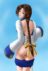 Rule 34 | 1girl, :p, ass, back, back cutout, bloody roar, blue background, blue shorts, blush, bow, braid, braided ponytail, brown eyes, brown hair, censored, clothes pull, clothing cutout, commentary request, cowboy shot, flat ass, from behind, gradient background, hair bow, highres, long hair, looking at viewer, looking back, low-tied long hair, no bra, nonomura uriko, pussy, raku soukutsu, shorts, shorts pull, simple background, single braid, sleeves past fingers, sleeves past wrists, solo, standing, sweat, tagme, thigh gap, tongue, tongue out, wide sleeves, yellow bow