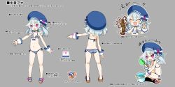 1girl animal ao_(disgaea) ass back bikini blue_hair braid bright_pupils bucket butt_crack character_sheet closed_eyes concept_art disgaea disgaea_rpg fang flat_chest full_body grey_background harada_takehito holding holding_animal holding_shovel light_blue_hair lobster long_hair multiple_views navel non-web_source official_art open_mouth photoshop_(medium) pink_eyes pointy_ears sandals shovel simple_background squatting standing striped_bikini striped_clothes swimsuit text_focus translation_request turnaround twin_braids wrist_cuffs