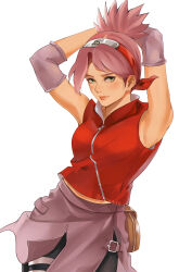 Rule 34 | armband, armpits, arms up, bare shoulders, clothes around waist, commentary, english commentary, green eyes, hairband, haruno sakura, highres, looking at viewer, meoowwxx, naruto, naruto (series), naruto shippuuden, parted lips, pink armband, pink hair, red shirt, shirt, simple background, sleeveless, sleeveless shirt, white background